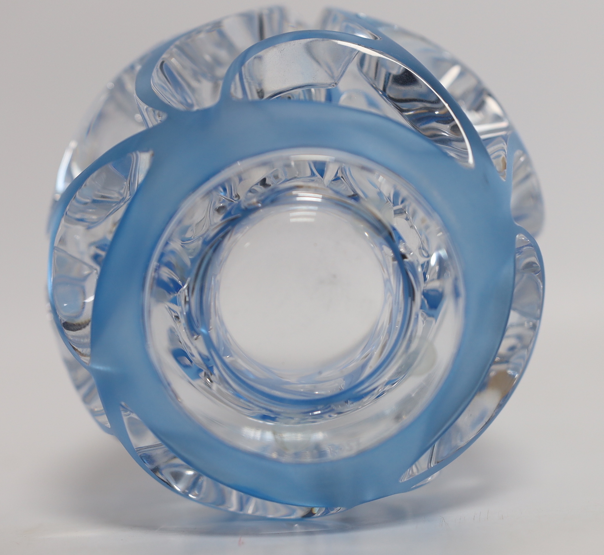 A modern Lalique Tourbillons blue overlaid glass vase with box, signed to the base, 13cm high